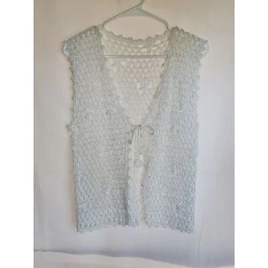 Vintage White Hand Crocheted Boho Hippie Front Tie Open Knit Long Vest Floral - Picture 1 of 6