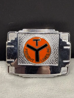 Hebilla de cinturón vintage TY Freight Lines tono plata esmalte naranja Foto 1 de 4