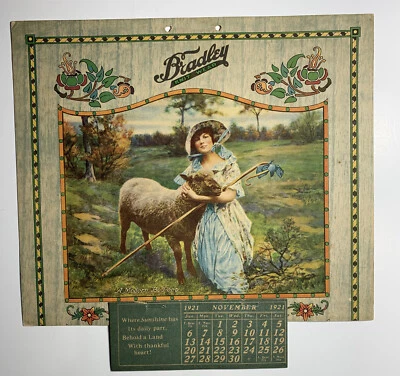 Bradley Knit Wear Advertising Calendar Sign Pretty Lady Farm Sheep Bo Peep - Image 1 of 4