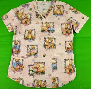 Cherokee pink easter bunny rabbit bear floral print women's scrub top size xs - Picture 1 of 5
