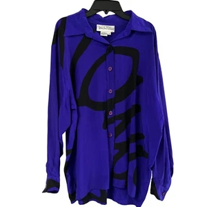Vtg 80s Diane Von Furstenberg Purple Black 100% Silk Blouse Size Medium - Picture 1 of 5