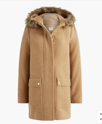 NUEVO CON ETIQUETAS J. Parka Crew Factory Vail ribete de piel sintética capucha mezcla de lana ~ talla 00 ~ bronceado bellota Foto 1 de 4