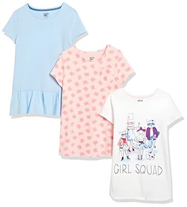 Spotted Zebra Girls' 3-Pack Short-Sleeve Tunic Tops, Girl Squad, X-Large 12 - Picture 1 of 4