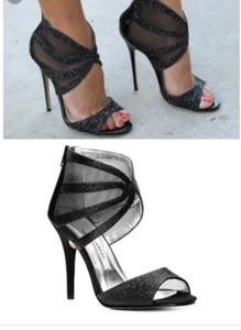 NWOT Caparros Dalton Open Toe Evening Pumps Black Glitter Heels Wedding - 6.5 - Picture 1 of 9