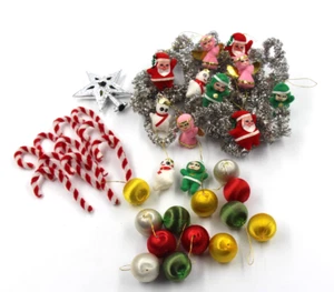 Vtg Lot of 37 Flocked Kitschy Mini Christmas Ornaments Santa Elf Satin Balls - Picture 1 of 12