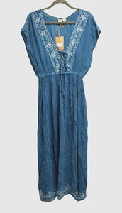 NUEVO Maxi Vestido Beach by Exist Para Mujer Boho Fluido Bordado Azul Mediano Concierto - Imagen 1 de 8