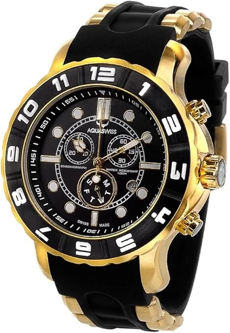 Correa de goma Aquaswiss para hombre tono dorado cronógrafo esfera negra 96XG025 Foto 1 de 1