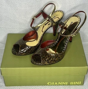 Gianni Bini Womens Shoes 8.5M Leopard Animal Print Gold Peep Toe Stilettos - Picture 1 of 8