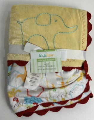 Kidsline Zoo Animal Elephant Tiger Bear Yellow White Scalloped Trim Baby Blanket - Image 1 of 4