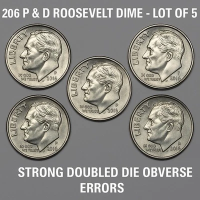 2016 P & D Roosevelt Dime Lot of 5 - Strong Doubled Die Obverse Errors - Image 1 of 4