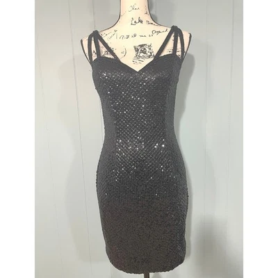 复古 90 年代 NiteLine Della Roufogali 黑色串珠绑带 V 领派对礼服 — 第 1/4 张图片