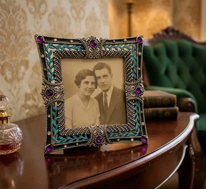 Marco de fotos esmaltado adornado con joyas púrpura turquesa tono plata  - Imagen 1 de 10