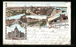 Lithographie Ludwigshafen, Bahnhof, Rheinbrücke, Post mit Pferdebahn 1900  - Picture 1 of 2