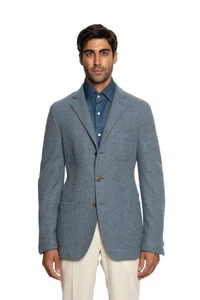$2800 FEDELI CASHMERE Blue Blazer Jacket 100% Cashmere + Leather 40 US / 50 EU - Picture 1 of 8