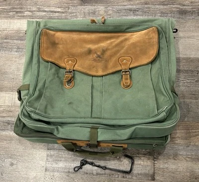 Vintage Eddie Bauer Outdoors Hanging Garment Bag Leather & Green Canvas - Image 1 of 4