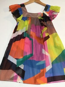 Milly Minis Shift Dress Girls 10 Neon Geometric Multicolored Sheer Retro - Picture 1 of 8