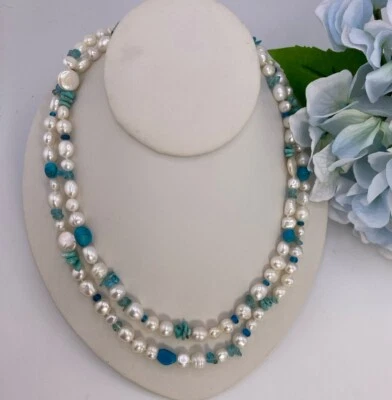 Handknotted Pearl Turquoise Blue Apatite Necklace 20 Inches, Sterling Clasp. - Image 1 of 4