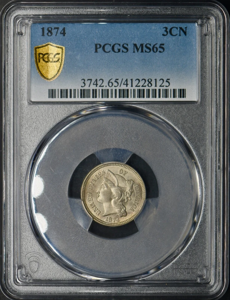 1874 3C Three Cent Nickel - PCGS MS65 - Gold Shield Label - ✪COINGIANTS✪ - Image 1 of 2
