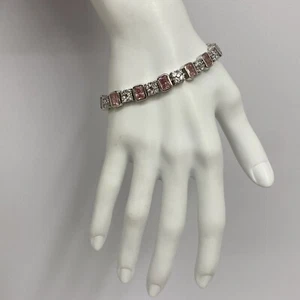 Hallmarked Sterling Cubic Zirconia Bracelet Clear & Pink Stones 71/4" Long - Picture 1 of 5