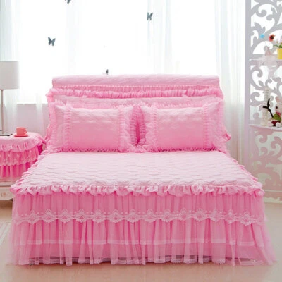 Korean Quilted Cotton Lace Bedspread Dust Ruffle Bed Skirt Queen Fitted Sheet - Image 1 of 4