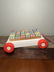 Vintage 1986 Playskool (24) Wood Letter Blocks W/ Wagon Pull Toy On Wheels Rope - Picture 1 of 8