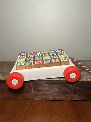 Vintage 1986 Playskool (24) Wood Letter Blocks W/ Wagon Pull Toy On Wheels Rope - Image 1 of 4