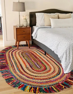 Jute Rug Blue Oval 100% Handmade Braided Home Decor Rustic look Modern - Image 1 of 4