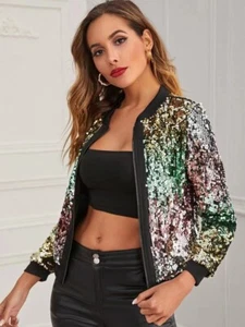 Xmas Women Sequin Glitter Bomber Jacket Ladies Biker Festival Party Club %US - Picture 1 of 7