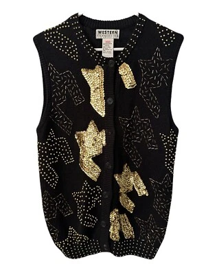 Chaleco Suéter Festivo Negro y Dorado Vintage Años 90 Para Mujer Talla Grande Lentejuelas y Cuentas Foto 1 de 4
