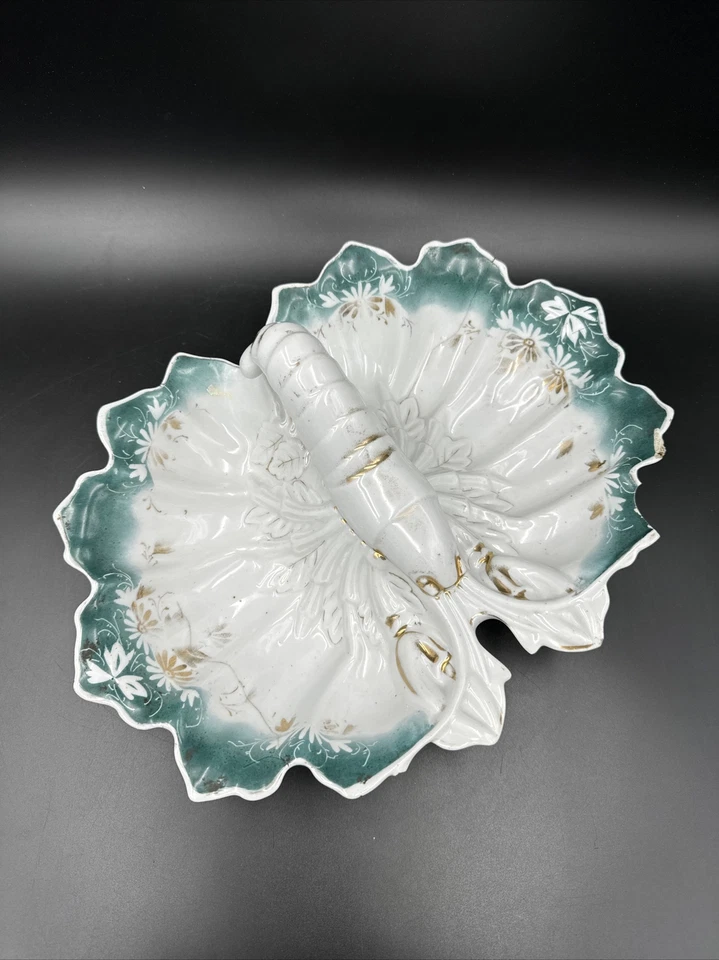 Antiguo J.S. Plato de servir dividido langosta blanca, verde y dorada de porcelana alemana Foto 1 de 4