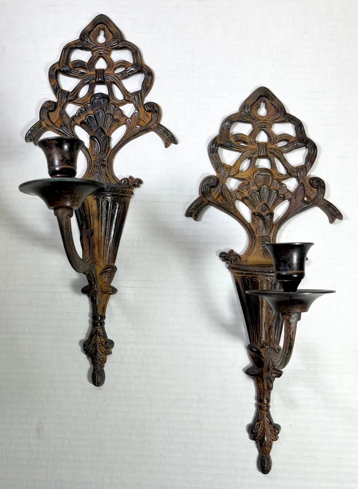 "Par de aplique de pared de velas estilo bronce/latón envejecido moderno de mediados de siglo de 14,5""" Foto 1 de 4