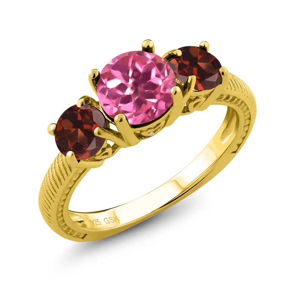 Anillo de plata chapado en oro amarillo de 18 quilates granate rojo topacio místico rosa redondo de 2,40 quilates Foto 1 de 1