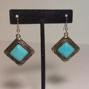 VTG (Faux?) Turquoise Square Frame Beaded Silver Tone Pierced Hook Earrings - Picture 1 of 7