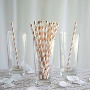 125 pcs 8" White and Rose Gold Biodegradable Striped Paper Straws Wedding Party - Picture 1 of 6
