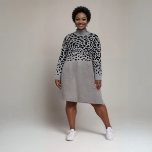 ROCKTHOSECURVES WOMENS GREY BLACK LEOPARD POLO NECK JUMPER DRESS - Picture 1 of 4