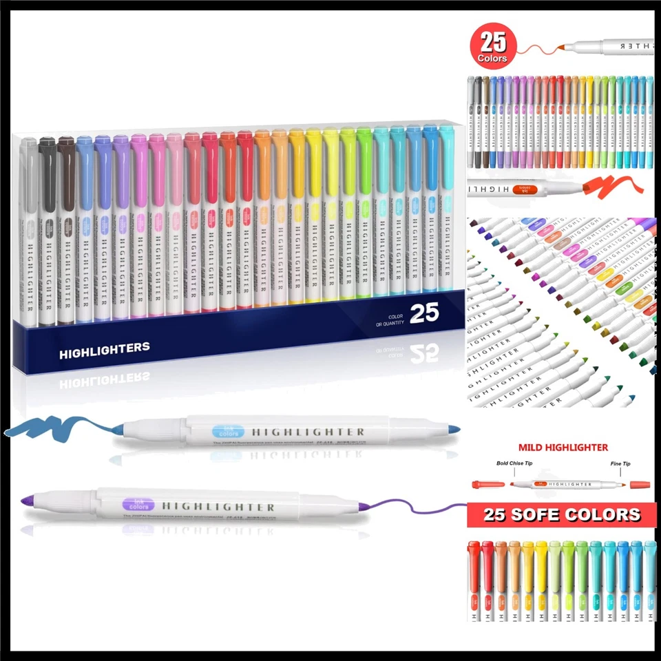 Vielseitiges 25er Pastell Textmarker Set - Breite und Feine Spitzen in 25 Farben - Bild 1 von 1