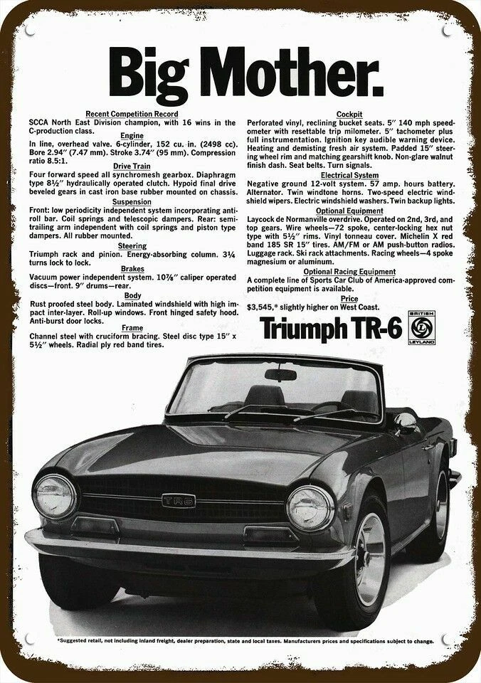 Coche convertible Triumph Tr-6 1970 - Big Mother - réplica decorativa letrero de metal Foto 1 de 1