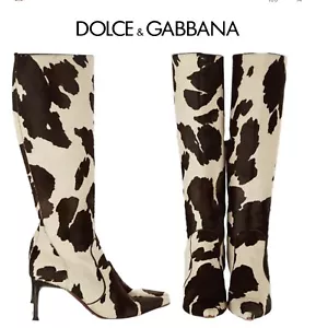 Dolce & Gabbana Calf Hair Leather High Heel Cow Print Knee High Boots Shoes 37.5 - Picture 1 of 9