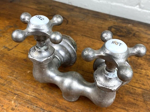 Antique C.1925 FAUCET, CAST IRON TUB ~ Helicopter Handles, Nickel Plated Brass Cover
