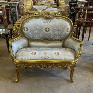 Baroque Style Sky Blue Damask Chair with Gold Details Armchair - Picture 1 of 3