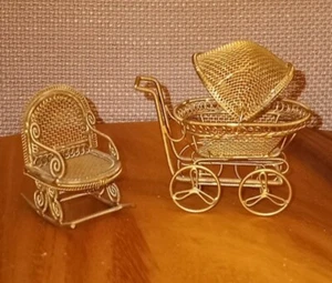 Doll House Mini Furniture Lot 2 Rocking Chairs & Baby Carriage Brass Wire Cable - Picture 1 of 9