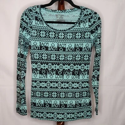 No Boundaries Mujer M(7-9) Túnica Verde Negro Estampado Copo de Nieve Logotipos "LOVE" LS Foto 1 de 4