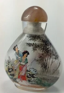 Asian Glass Perfume Bottle Reverse Painting Snuff Geisha Vintage 3 Inch - Picture 1 of 8