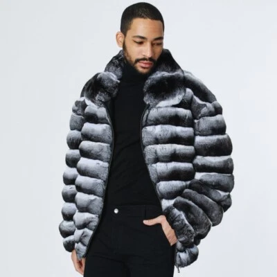 Men Real Rex Rabbit Fur Coat Lapel Jacket Winter Natural Chinchilla Thick Outwer - Image 1 of 4