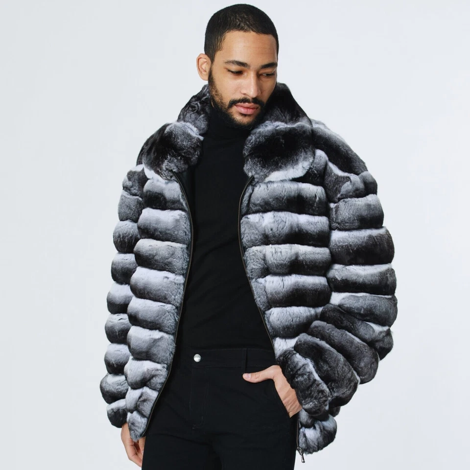 Men Real Rex Rabbit Fur Coat Lapel Jacket Winter Natural Chinchilla Thick Outwer - Image 1 of 4