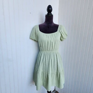 Jessica Simpson Dress Womens Green Tie Back Mini Puff Sleeve 100% Cotton  Sz M - Picture 1 of 12