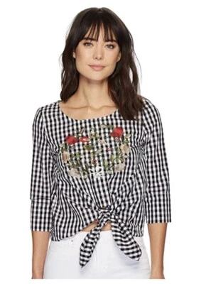 Romeo & Juliet Couture Small Buffalo Plaid Floral Embroidery Tie Front Shirt NWT - Image 1 of 4