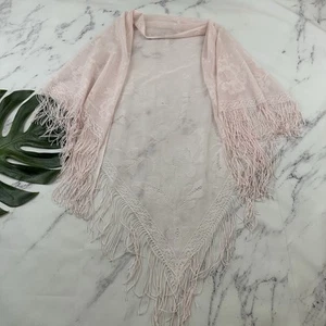 Damen Vintage 90er Schal Halstuch schwarz pastell rosa Häkel Fransen Whimsygoth transparent - Bild 1 von 5