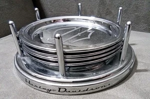 Harley-Davidson Set 4 Metal Chrome Coasters with chrome holder. used - Picture 1 of 4