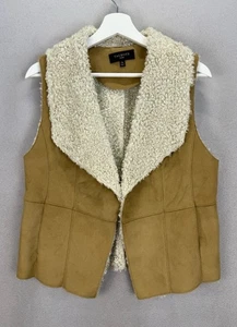 Talbots Women’s Petite Sz M Tan Faux Suede Sleeveless Faux Fur Lined Draped Vest - Picture 1 of 8